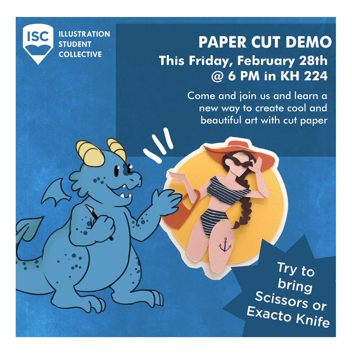 CCADISC's tweet image. Join us this Friday for our Cut Paper demo! A couple of our cool leaders will show how to make awesome art out of cut paper. We’ll be meeting in Kinney Room 224 at 6pm. See you then!