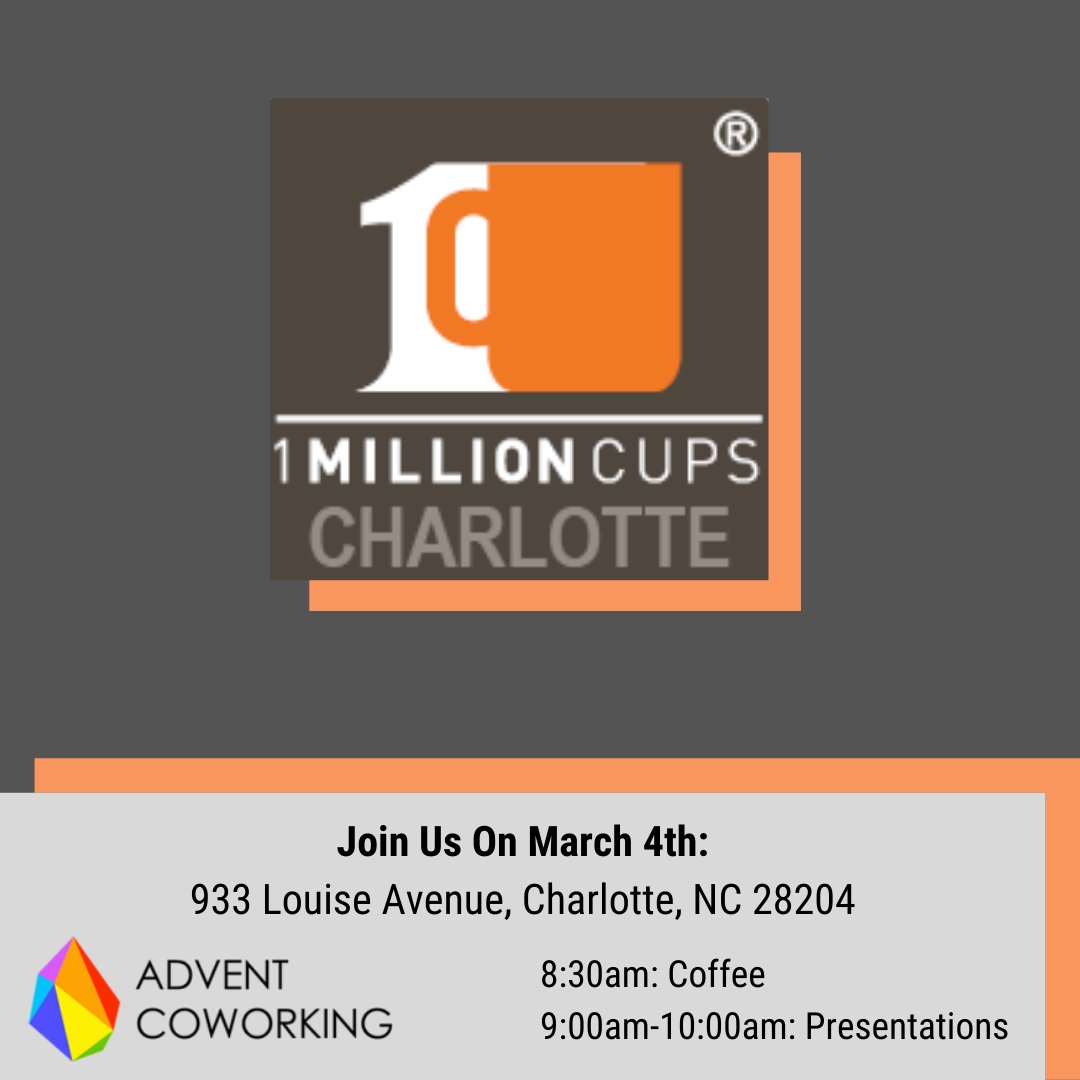 We #meetup on Wednesday of next week so join us <a href="/AdventCoworking/">Advent Coworking</a> for another #1MillionCupsCLT

Coffee will be served at 8:30am and presentations start at 9am. #1MillionCups #1MCCLT #1MC #Entrepreneurship #Coffee #SmallBiz #CLTStartups