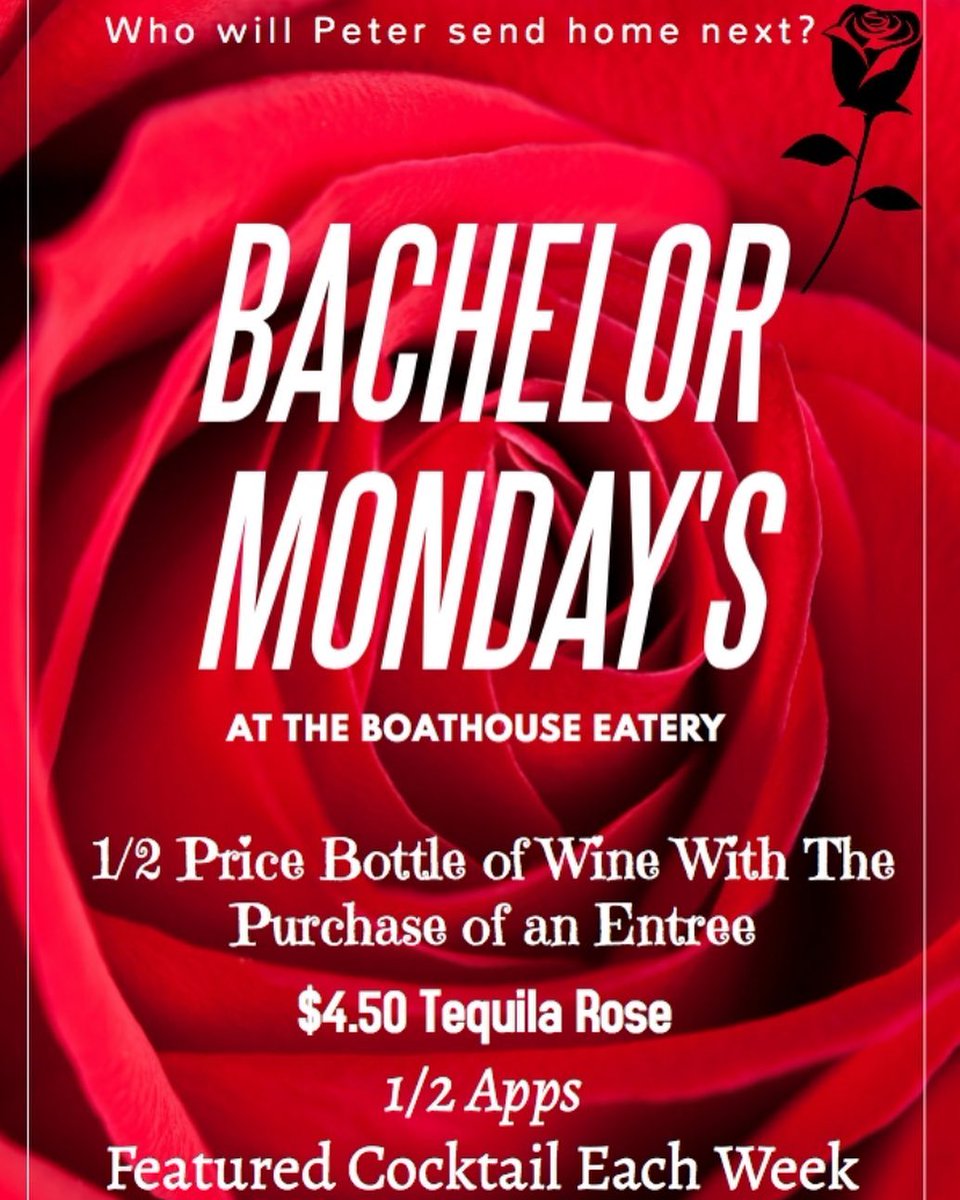 Enjoy The Bachelor Monday's at The Boathouse Eatery!

Book your table at boathouseeatery.com or call 705-527-7480.

#TheBachelor #DowntownMidlandON #TheBoathouseEatery
