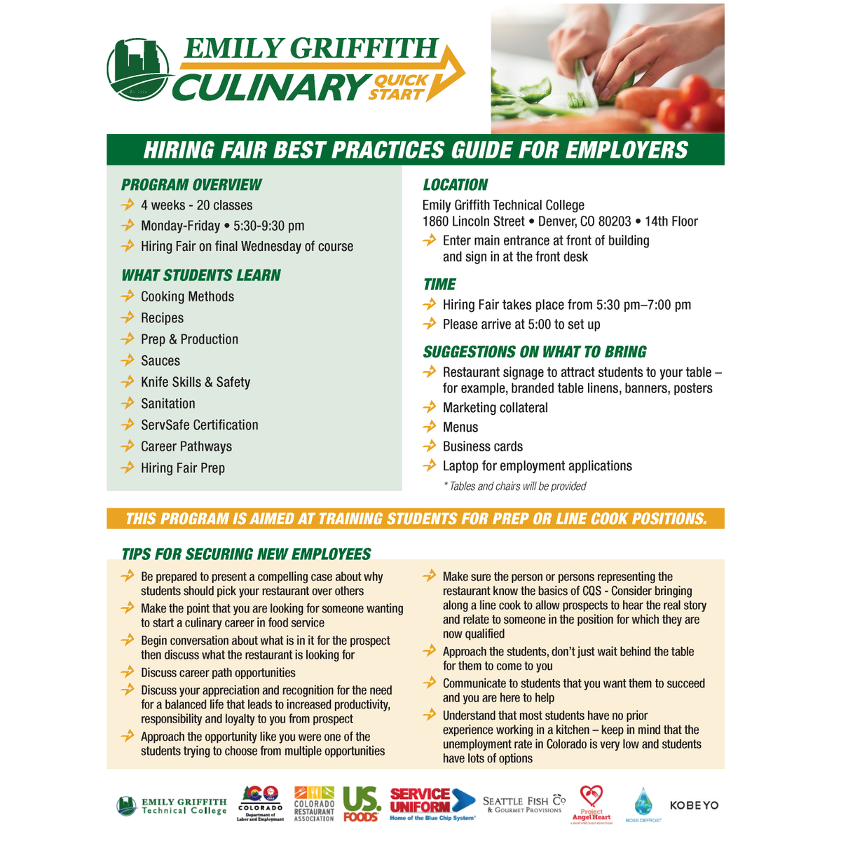 See you this time next week for our Emily Griffith Technical College Culinary Quick Start Hiring Fair on March 4 culinaryquickstart.com/employers Colorado Restaurant Association Members - secure your BOH needs with prep &amp; line cooks #HireAGraduate #CulinaryQuickStart #HiringFair