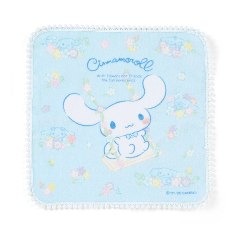 シナモングッズ情報 シナモロール サンリオ楽天で販売開始 シナモロール プチタオル フラワー T Co O7fkanxpcy シナモンブルーがやさしい世界観を表現 ポンポンレースの縁取りがかわいいアクセント