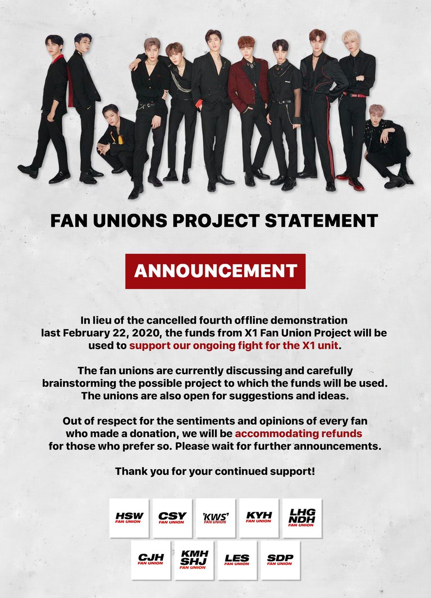 LESFanUnion's tweet photo. ANNOUNCEMENT
Due to the cancellation of our 4th offline protest, X1 unions plan on using the received funds for further projects in our fight for X1. We'll also accommodate refunds out of respect to those who would prefer so. Thank you for your continued support.
#UnionForX1 https://t.co/rBTbvagT1f