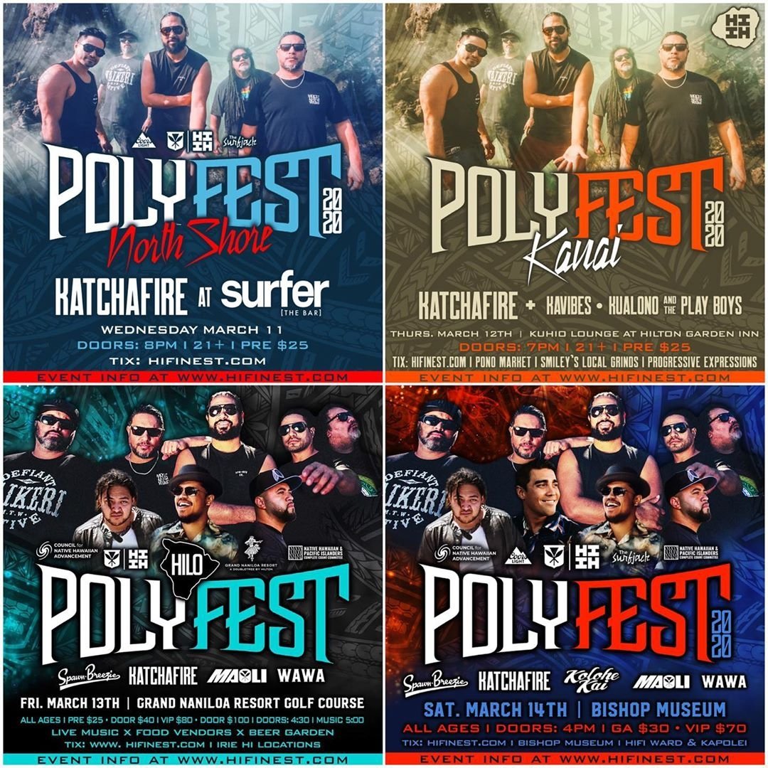 katchafire's tweet photo. Poly Fest Tour
Wed March 11: Surfer Bar - Oahu
Thu March 12: Hilton Garden Inn - Kauai
Fri March 13: Naniloa Golf Course - Hilo
Sat March 14: Bishop Museum - Oahu
*
Tix & Event Info at https://t.co/ObmfryFiiP #HIFinest #PolysFinestFest2020 https://t.co/wWE82qLPKR