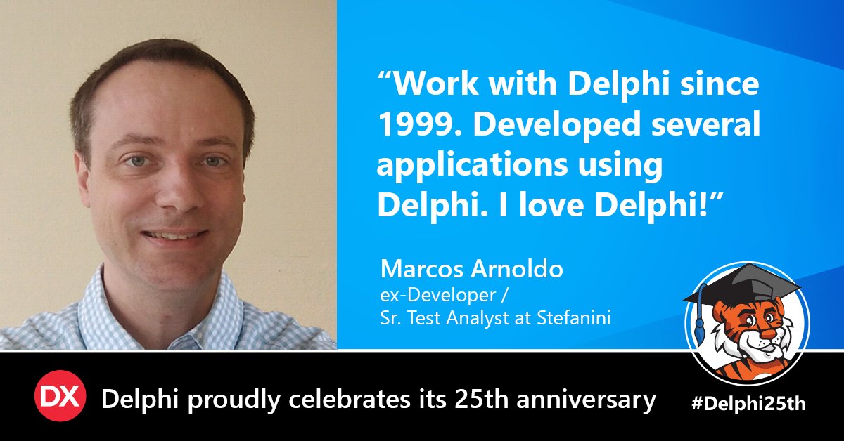 mySolutionsCL's tweet image. EmbarcaderoTech: &quot;Work with Delphi since 1999. Developed several applications using Delphi. I love Delphi!&quot; Marcos Arnoldo, Sr. Test Analyst at Stefanini 

What&apos;s your Delphi story? Share with us in the comments below! #MyDelphiStory #Delphi25th