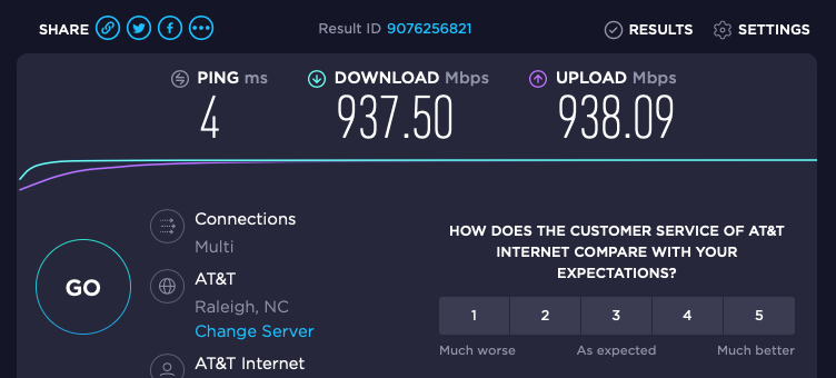 w8fly's tweet photo. Internet is installed in the new house and this is one of the geeky reasons I'm glad to live in a place like #Raleigh. #speedtest #bandwidthhog #attfiber https://t.co/7oIG59DdWa