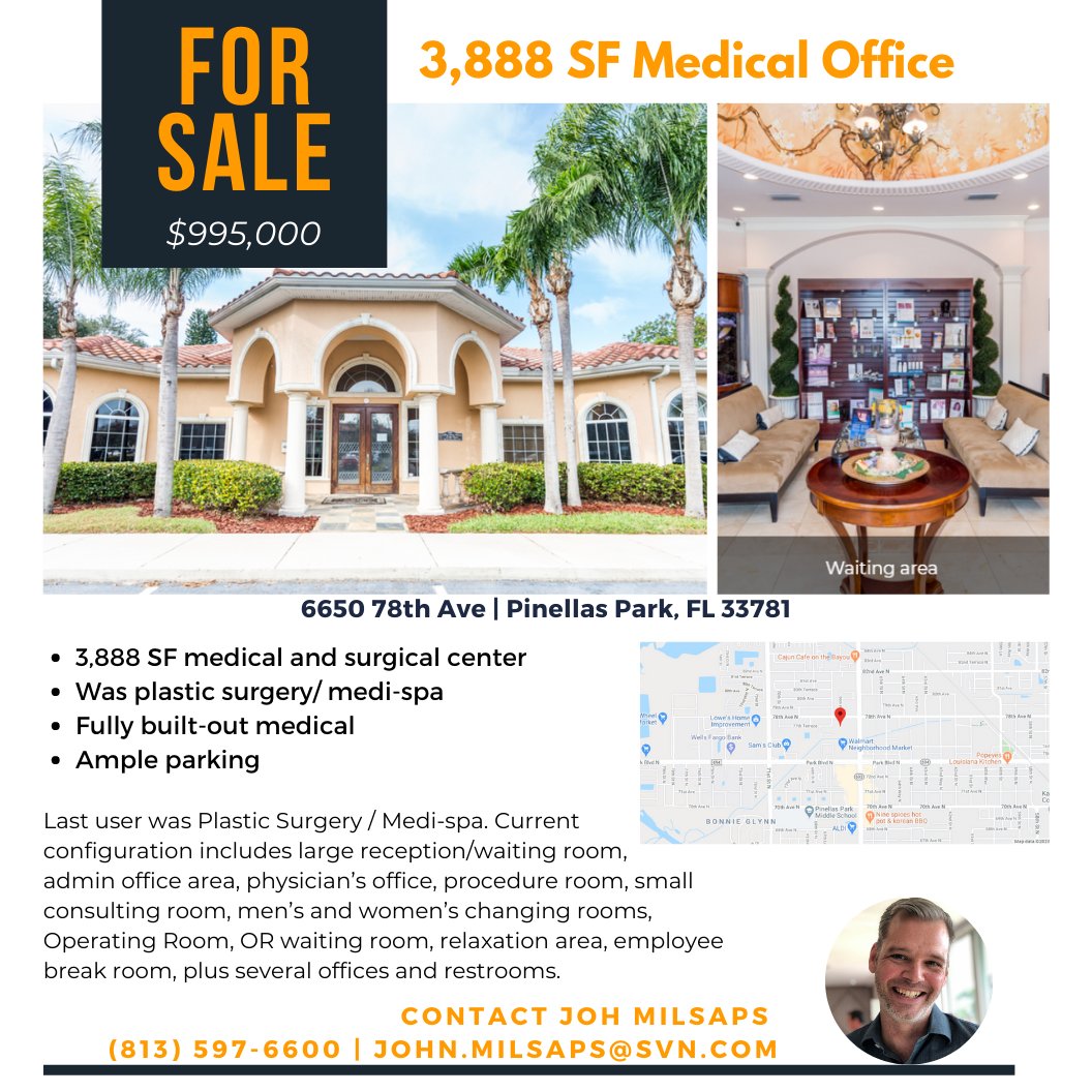 CREPropertyWire's tweet image. OFFICE FOR SALE: Tampa, FL | Located in Pinellas County, FL, this 3,888SF medical &amp;amp; surgical center was formerly a Plastic Surgery/Medi-spa. 

📌 Turnkey Office inc: Large reception/waiting, operating, break rooms+ bit.ly/2SY9Wgm 

#SVN #TampaCRE #creinvesting #cre