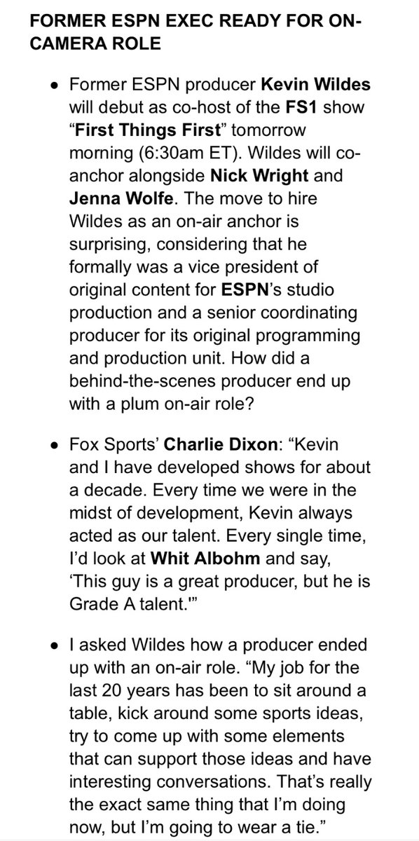 Ourand_Puck's tweet image. Acclaimed producer Kevin Wildes starts tomorrow morning as host of FS1 morning show "First Things First." SBJ Media is live:🔒sportsbusinessdaily.com/SB-Blogs/Newsl…🔒
