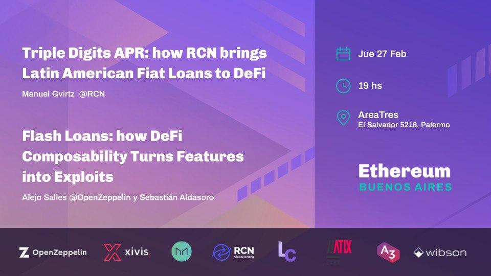🇦🇷 Flash Loans: how DeFi Composability Turns Features into Exploits.

Tonight 7pm (Thursday 27 February), <a href="/fiiiu_/">alejo⚡🤖</a> from the OpenZeppelin Research team will be talking Flash Loans at the #ETHBA meetup!

Register on Meetup 👇
meetup.com/ethereum-ba/ev…
