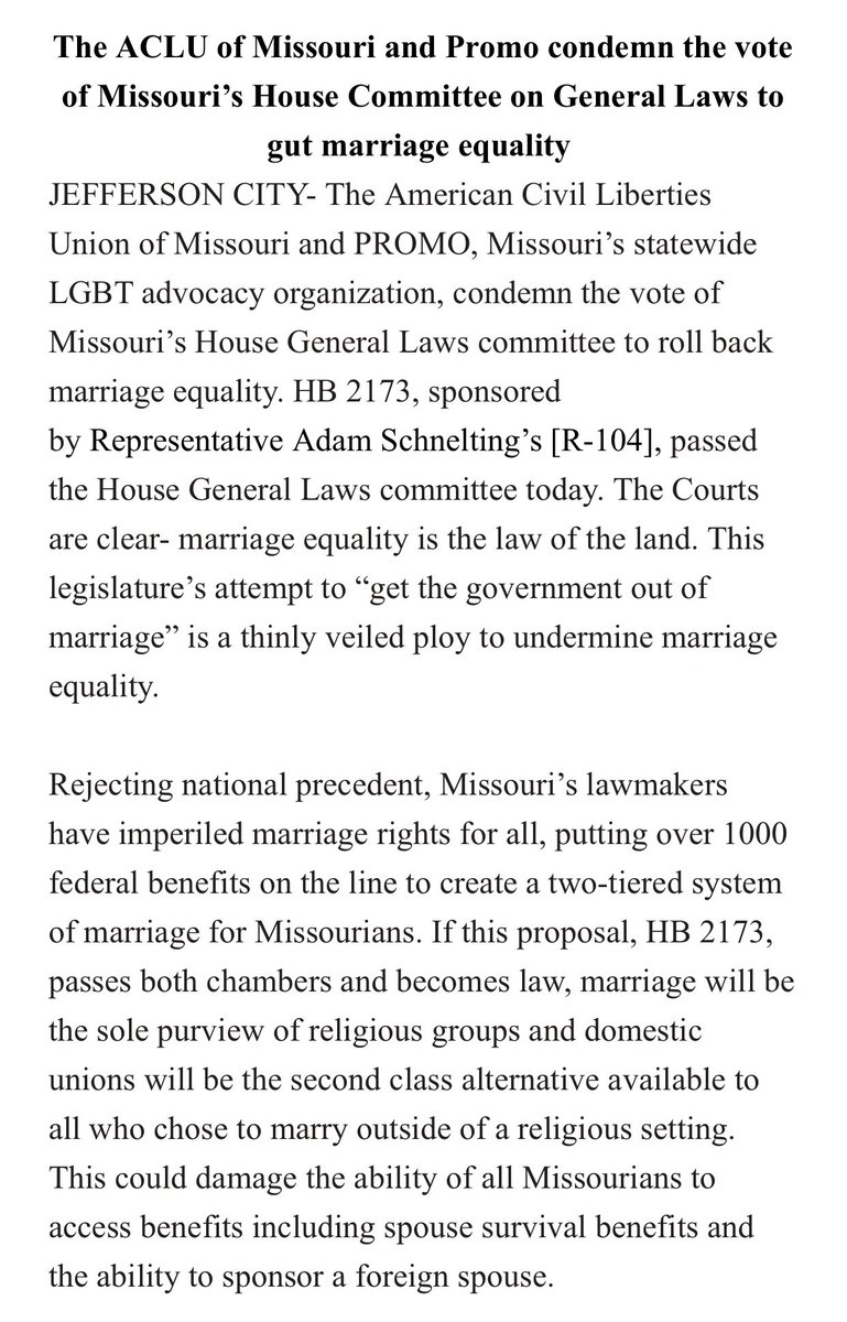 aclu_mo's tweet photo. Our joint statement with @PROMOMissouri condemning the vote to end marriage in the state of Missouri. https://t.co/wBhBsDdnB4