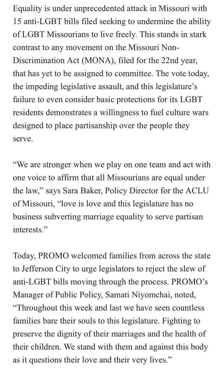 aclu_mo's tweet photo. Our joint statement with @PROMOMissouri condemning the vote to end marriage in the state of Missouri. https://t.co/wBhBsDdnB4