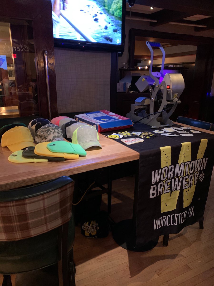 ClerysBOSTON's tweet photo. We have the hat press from Wormtown Brewery in the house tonight for Clerys Trivia Night stop in and get yours!

✅ Pick your hat
✅ Pick your brand
✅ Wear your hat
✅ Look awesome https://t.co/HF2TQbcrD1