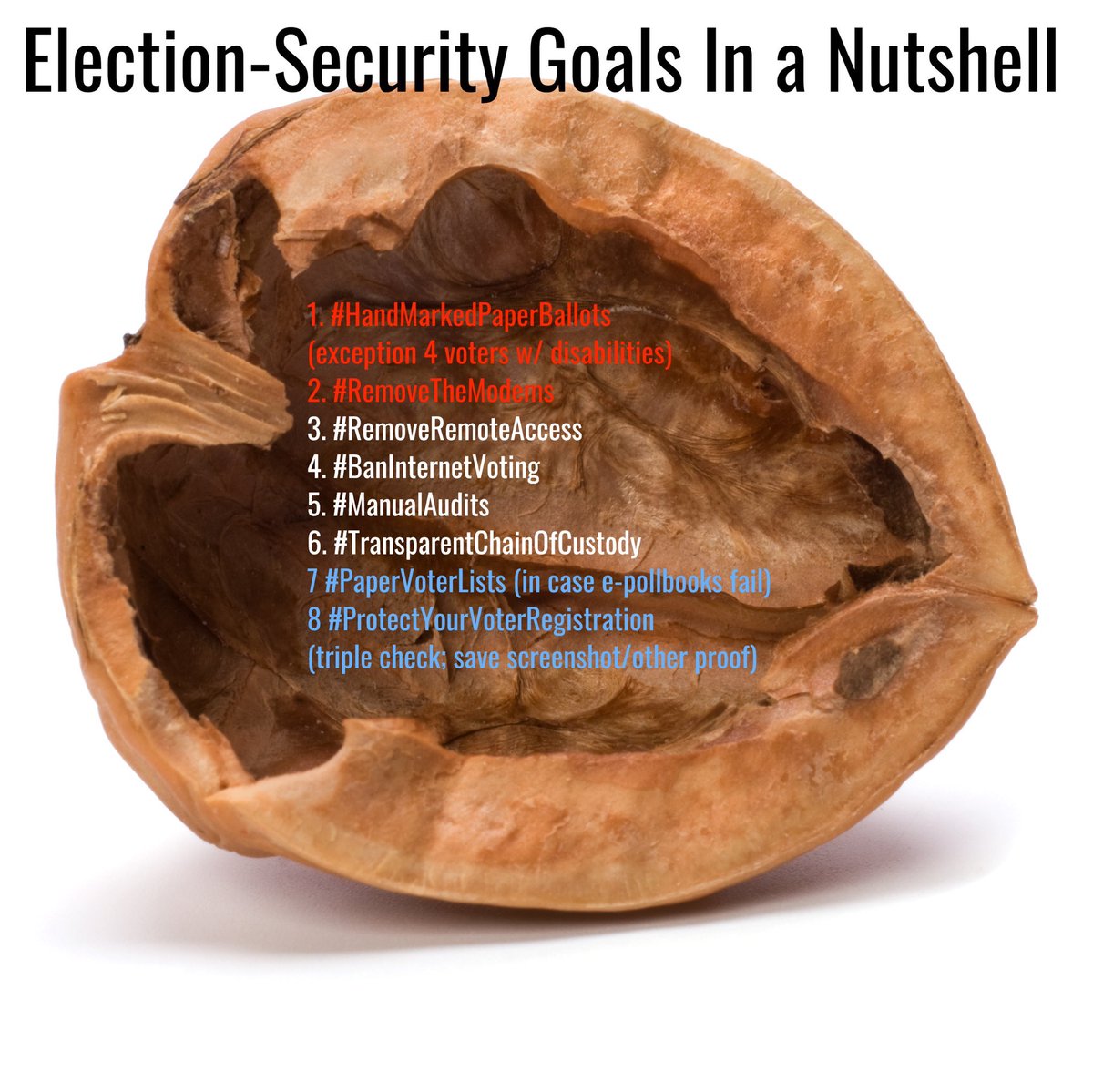 jennycohn1's tweet photo. 1. #HandMarkedPaperBallots (exception 4 voters w/ disabilities)
2. #RemoveTheModems
3. #RemoveRemoteAccess
4. #BanInternetVoting
5. #ManualAudits
6. #PaperVoterLists (in case e-pollbooks fail)
7. #ProtectYourVoterRegistration (triple check; save screenshot or other proof) https://t.co/7DIE1jBwDm