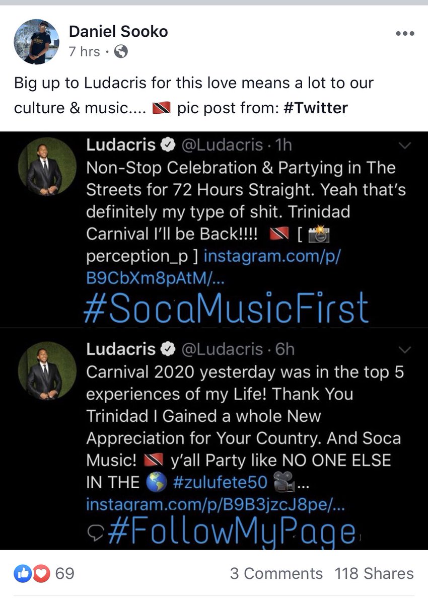 Thanks <a href="/Ludacris/">Ludacris</a> Big up to Ludacris for this love means a lot to our culture &amp; music.... 🇹🇹 my post on FB went viral 👌👍🏽 hopefully we can get a soca track on FAST FURIOUS NEW movie 😁