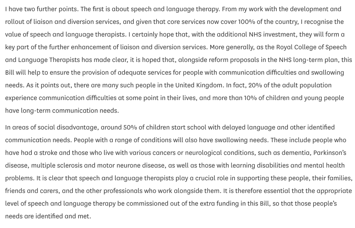 A massive <a href="/RCSLT/">RCSLT 💙</a> thank you to Lord Bradley for highlighting role of speech &amp; language therapy in liaison &amp; diversion services &amp; the need to improve services for people with communication &amp; swallowing needs in #NHSFundingBill debate yesterday. bit.ly/2wczVHD