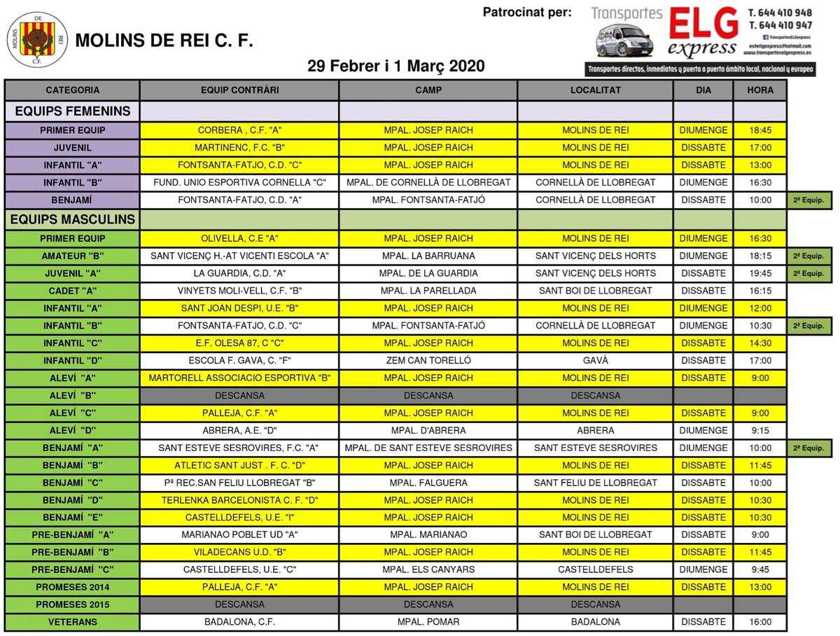 molinscf's tweet photo. #CalendariPartits |
✔️Patrocinat per:
🔴TRANSPORTES ELG EXPRESS 🔴
📅29/02 - 01/03
📢Torna la competició després de l'aturada i com cada jornada teniu disponibles els calendaris i els resultats dels partits de tots els nostres equips a les xarxes socials i a la web del club! https://t.co/dxPeOYq8cL