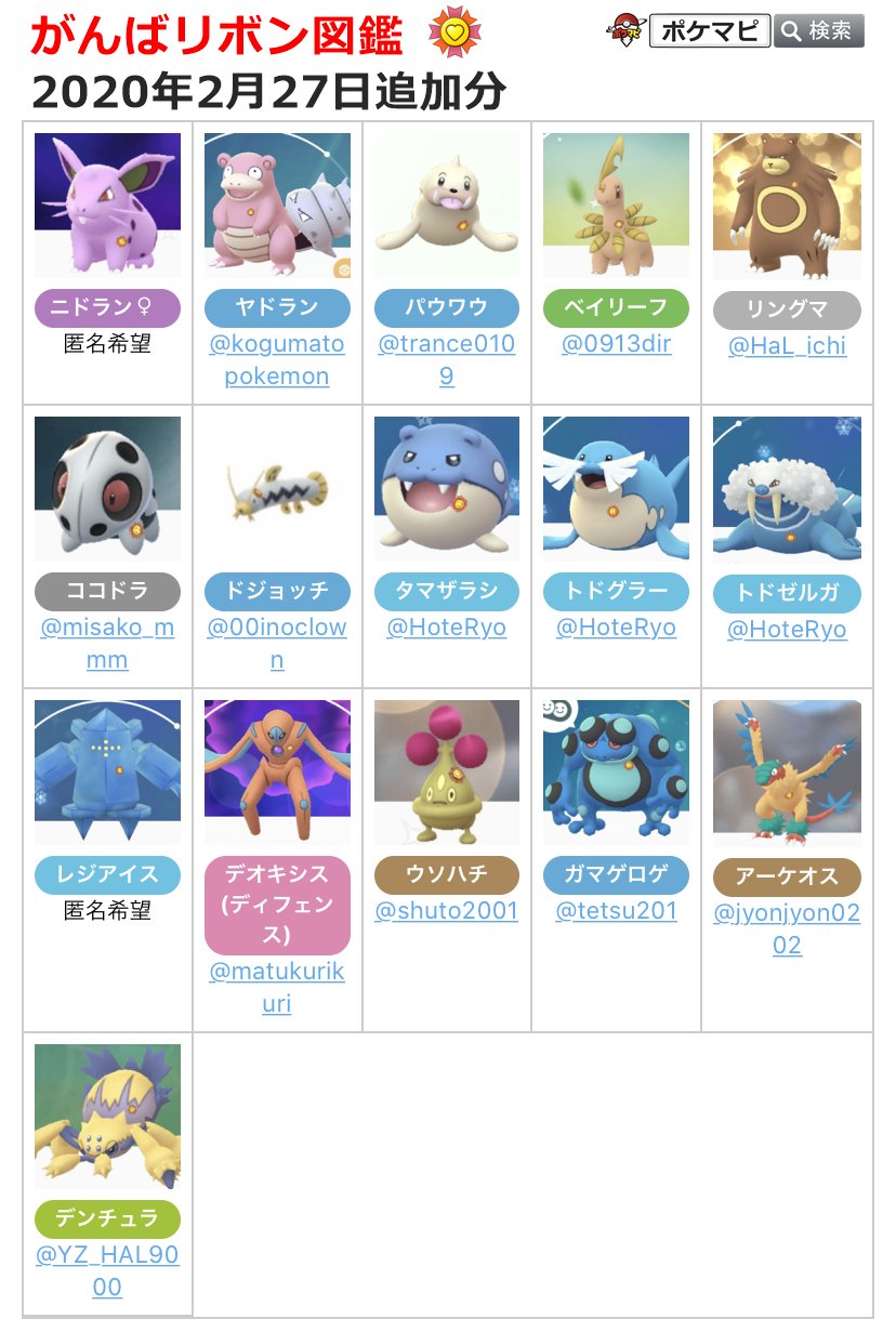 ポケモンgo攻略情報 ポケマピ 現時点で画像を募集中のポケモン一覧です 募集中のポケモンを最高の相棒にされた方は がんばリボン を付けた姿の画像をぜひ送ってください みなさんのお仲間さんなどで該当ポケモンをお持ちの方がいれば 図鑑を紹介