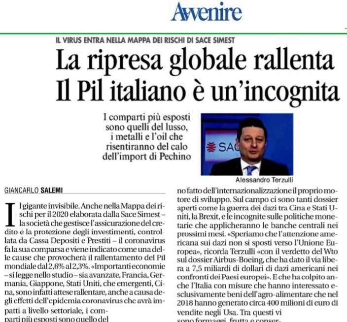 Il gigante invisibile il #coronavirus è entrato anche nella #RiskMap di @SACESIMEST e compromette la crescita del #pil globale con la grande incognita italiana. Un mio articolo su <a href="/Avvenire_Nei/">𝐀𝐯𝐯𝐞𝐧𝐢𝐫𝐞</a> per capire settori colpiti e paesi su cui investire tra #dazi #brexit #madeinitaly