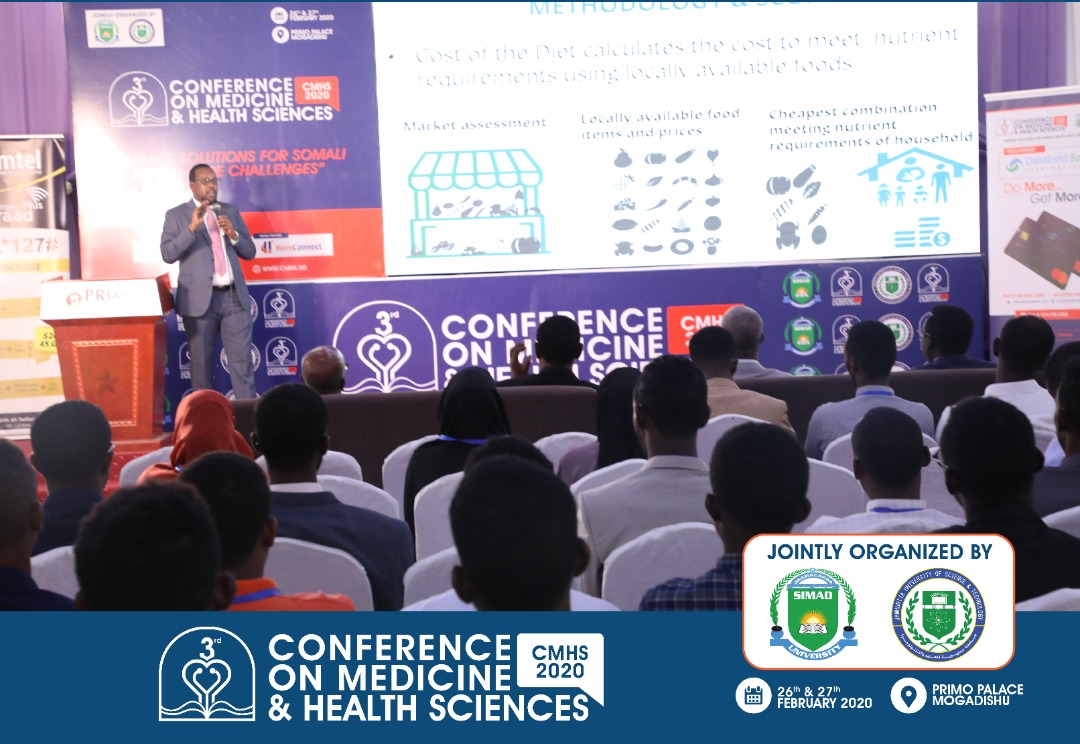 SIMADUniversity's tweet image. Keynote Speaker IV: Dr. Mohamed Abdi Farah is on the podium, giving presentation on “the nutritional situation in Somali households: cost and availability prospective”
#CMHS2020