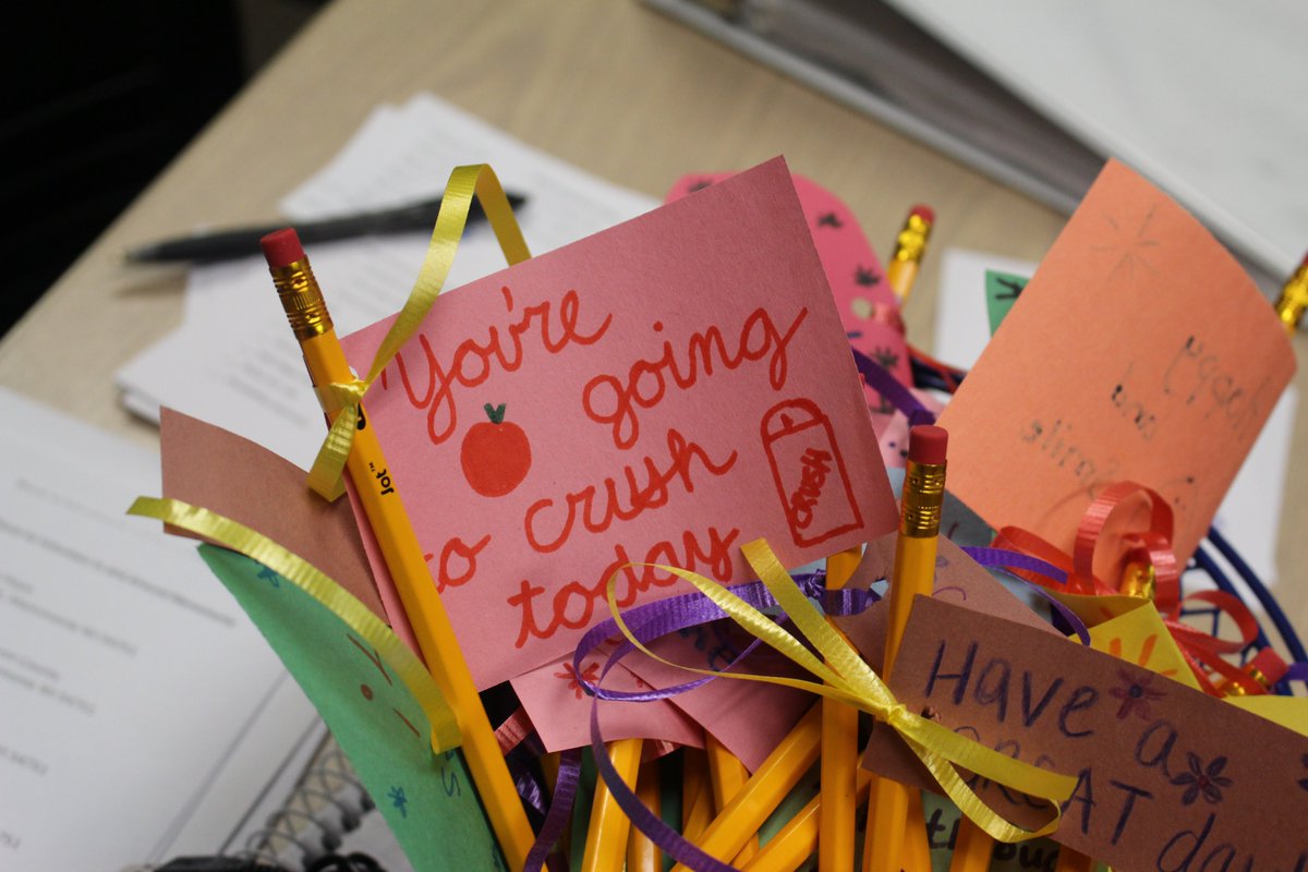HDFSBeTheChange's tweet photo. Stout Council on Family Relations (SCFR) donates pencils with positive messages to 2nd graders at Downsville Elementary School. #BeTheChange https://t.co/Xu7TvOhUPA