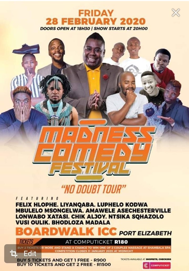 MadnesscomedySA's tweet photo. We are feeling Generous 😊. Follow us, like and retweet this post if you would like a chance to win double tickets to our show in PE tomorrow. Winners will be announced tomorrow at 10am. #maphorisa https://t.co/D4mi9pzqHm
