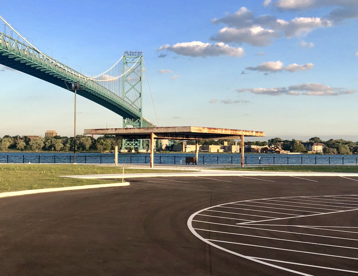 Roger Margerum, Ambassador Bridge Park Shelter (1984) West Riverfront, Detroit, MIMargerum considered this to be his favorite project, a minimalist park shelter overlooking the Detroit River and the industrial riverfront of Windsor, ON.