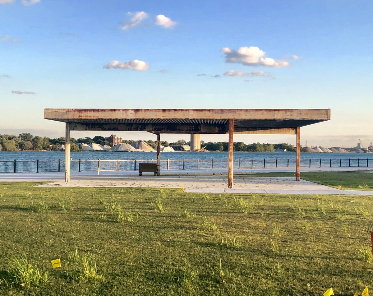 Roger Margerum, Ambassador Bridge Park Shelter (1984) West Riverfront, Detroit, MIMargerum considered this to be his favorite project, a minimalist park shelter overlooking the Detroit River and the industrial riverfront of Windsor, ON.
