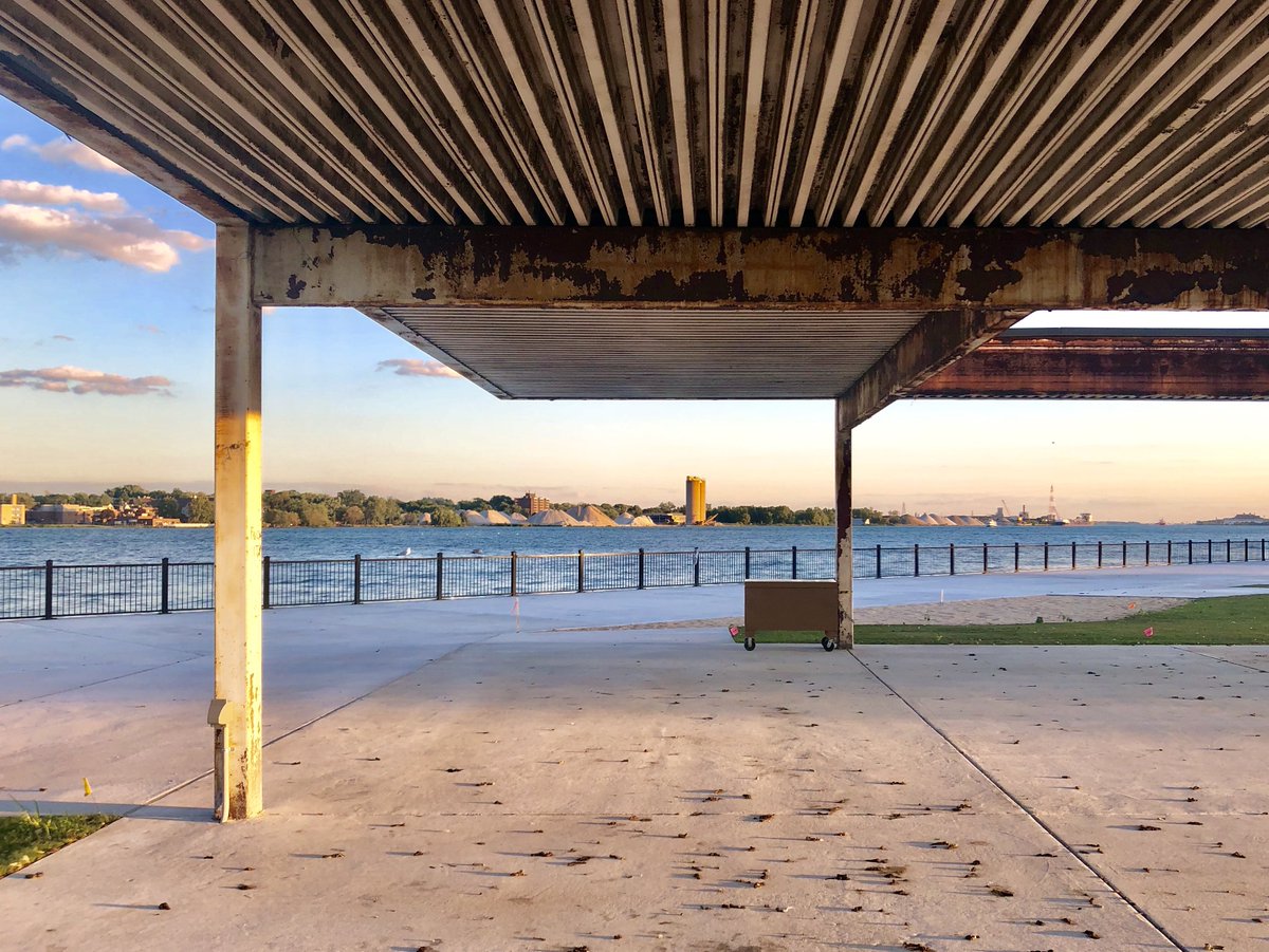 Roger Margerum, Ambassador Bridge Park Shelter (1984) West Riverfront, Detroit, MIMargerum considered this to be his favorite project, a minimalist park shelter overlooking the Detroit River and the industrial riverfront of Windsor, ON.