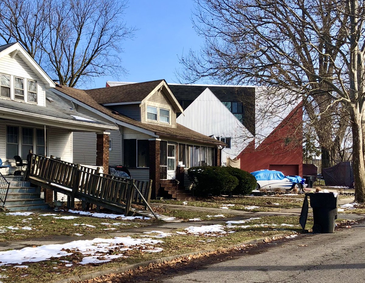 Roger Margerum, Margerum House aka 45 Degree Polygon House (2007) Jefferson-Chalmers, Detroit, MIMargerum’s last work was this retirement house he designed for him and his wife on Detroit’s East Riverfront, a geometrically complex and boldly graphic contrast to its neighbors.