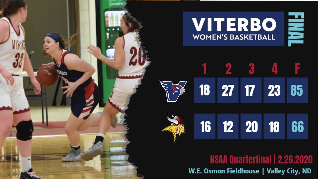 viterbovhawks's tweet photo. FINAL: @viterbowbb takes down #4 seed @vcsuvikings on the road to advance to the NSAA Semifinal! 

Ambree Schlosser led the V-Hawks with 23 points. Viterbo forced 29 turnovers.

Box Score: https://t.co/W6WuDDxq61 https://t.co/KGkVOpkTJI
