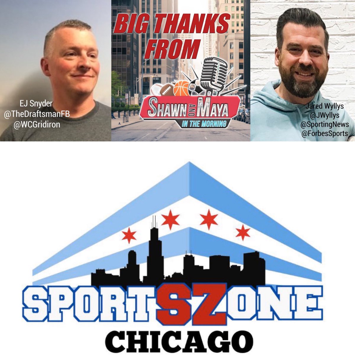 SportsZoneCHI's tweet photo. Big Shout Out 2 @TheDraftsmanFB from @SBNation &amp; @WCGridiron AND @JWyllys from @AP_Sports 4 calling @SM_Mornings on @SportsZoneCHI. U made it a great show!
#ShawnAndMaya #ChicagoSports
#TheSuperBack #TheSportsChica #SportsZoneChicago
#LoveWhatYouDo
#SBNation #WCGridiron #APSports https://t.co/ppJMXLO7M4