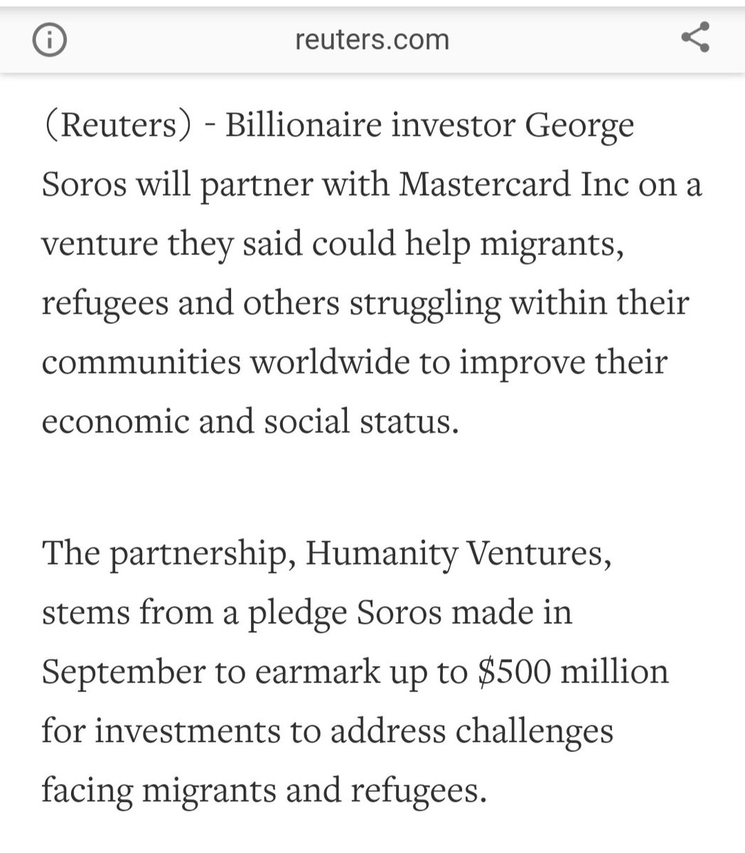 202) Also in June of 2016, Soros partnered with Mastercard to aid migrants and refugees.