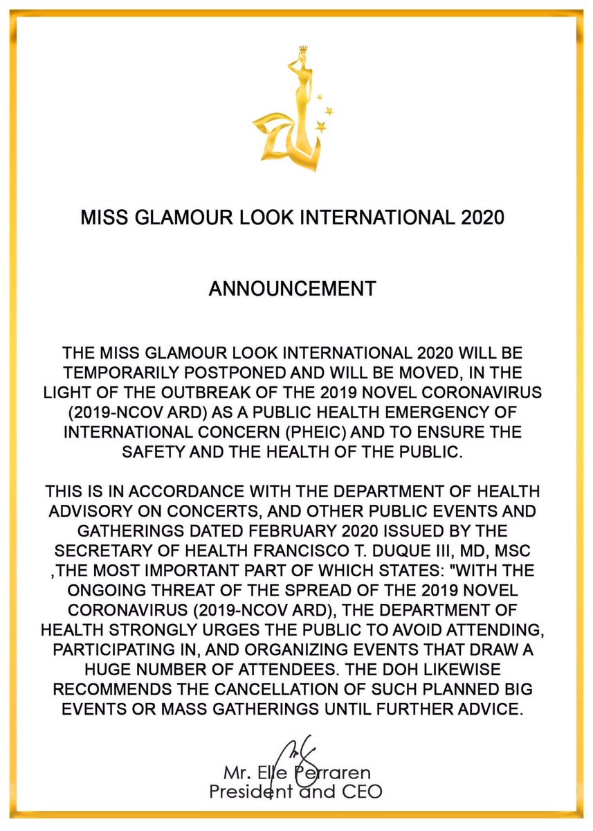 glamorosa_miss's tweet photo. We need to postpone the MGLI on March 3-9, 2020 due to the Outbreak of Corona Virus.  Department of HEALTH in the Philippines sent all event organizers and producers NOTICE PUBLIC HEALTH ADVISORY.  We will reschedule the event on June 29 - July 5, 2020 for the safety of all. https://t.co/0rrGZAsb6G
