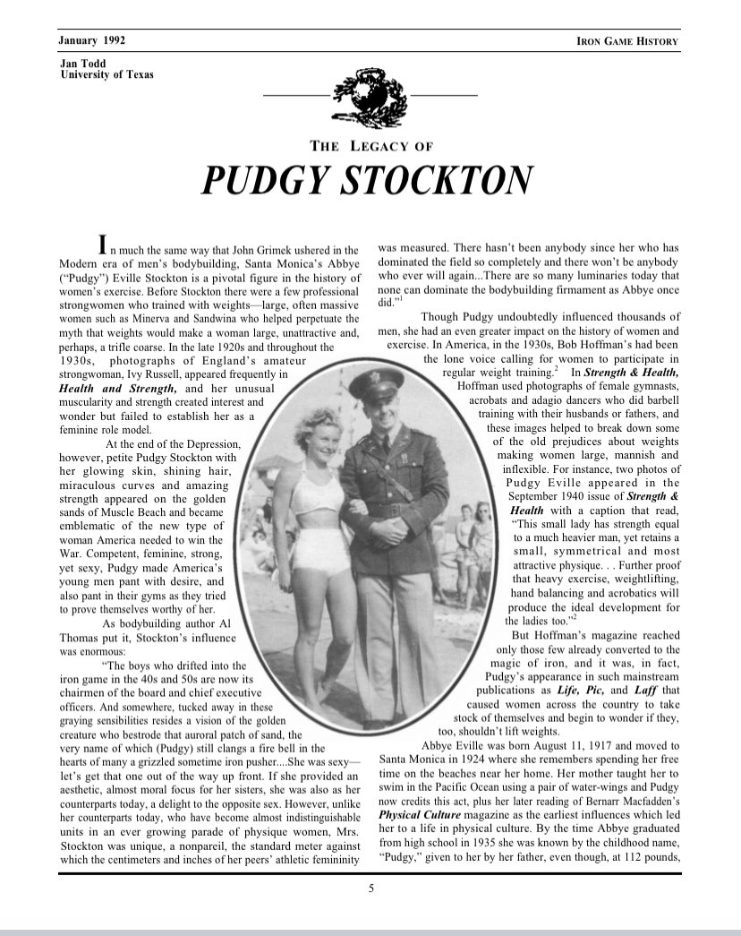 One of many fascinating figures to come out of Muscle Beach was Abbye “Pudgy” Stockton who both championed lifting weights for women in 1940s (!!!)... and participated in contests that specifically said “Muscles do not count” (beauty did)Highly rec Jan Todd on Stocktons! /