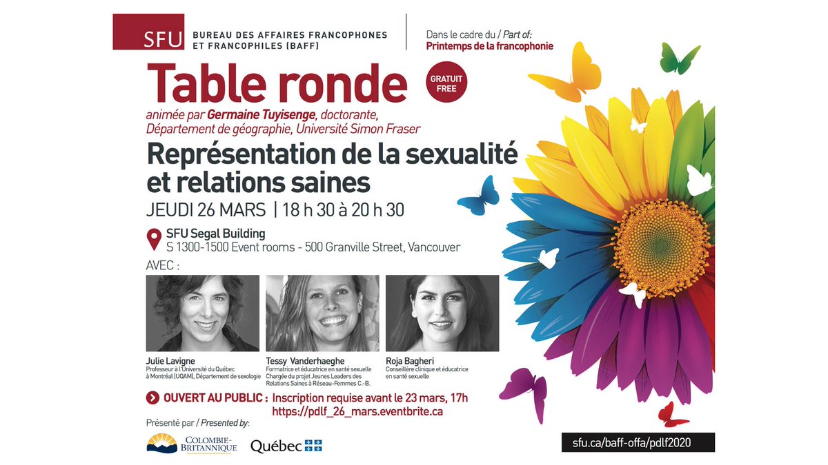 TessyVDH's tweet photo. Assistez à notre table ronde sur "Représentation de la sexualité féminine et relations saines" durant le printemps de la Francophonie @BAFF_SFU @RojaBagheri #JulieLavigne
Inscription https://t.co/zkBai1DfIu https://t.co/tlhsdvTCpe