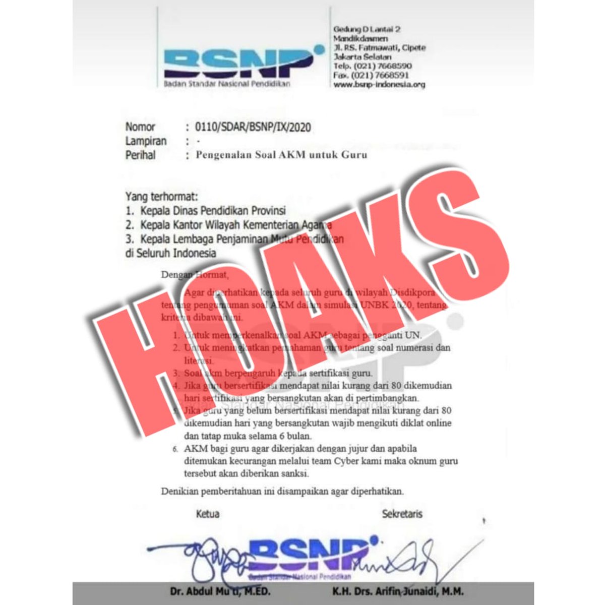 #SahabatDikbud, mohon waspada jika menerima surat edaran seperti berikut. Surat edaran perihal Pengenalan Soal AKM untuk Guru yang mengatasnamakan Badan Standar Nasional Pendidikan (BSNP) tersebut adalah palsu.