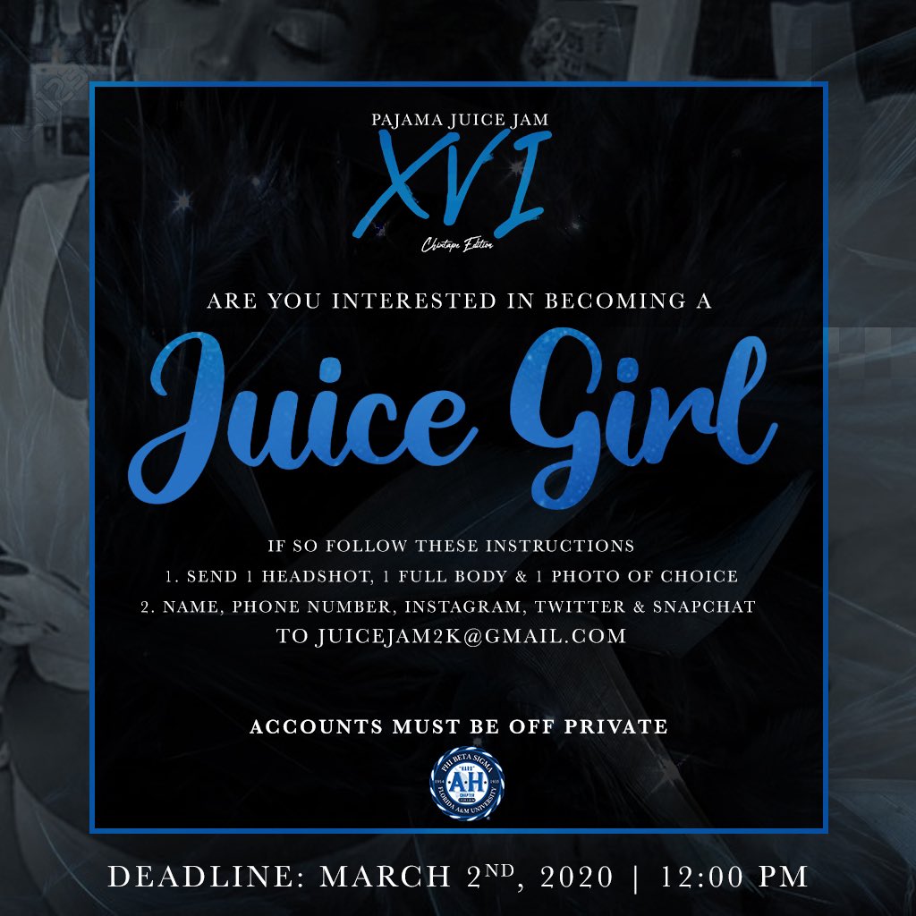 Caleb_059's tweet photo. 🗣Ladies 🙋🏽♀️💋 The ⏰ Has Come❗️Pajama Juice Jam Season Is HERE 💦 Are You Interested In Being A Juice Girl?💁🏽♀️👙Do You Think You Have What It Takes?💪🏽💅🏽Don’t Miss Out On The Experience Of A Lifetime💃🏽🥤
#DoYouHaveYourRoomKey 💳 #PajamaJuiceJam2K20 #ChixtapeEdition #JJ16 https://t.co/hD2ukJFUZ1
