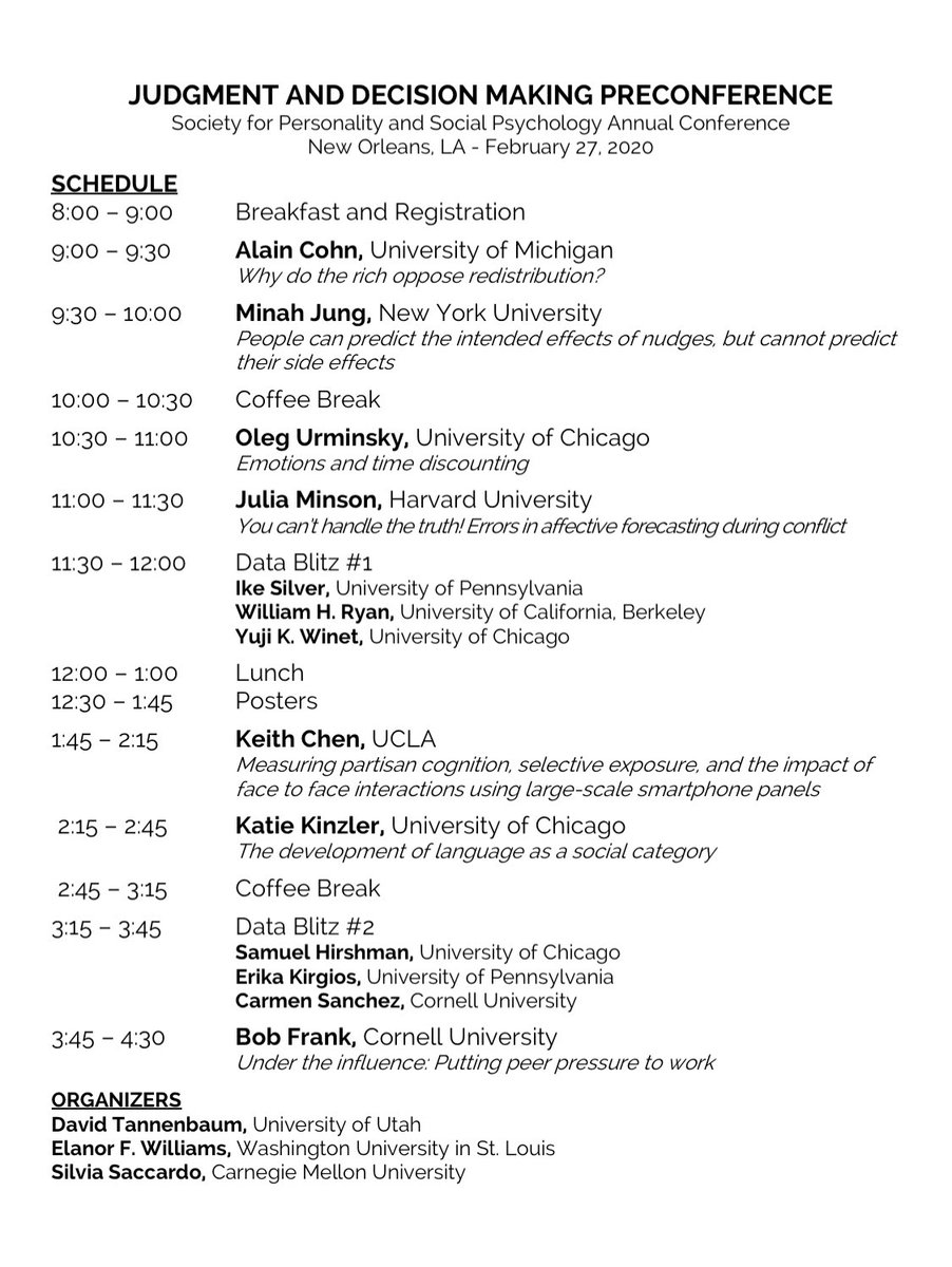 silvia_saccardo's tweet image. Looking forward to the JDM precon at #SPSP2020 tomorrow. Fantastic speaker lineup!