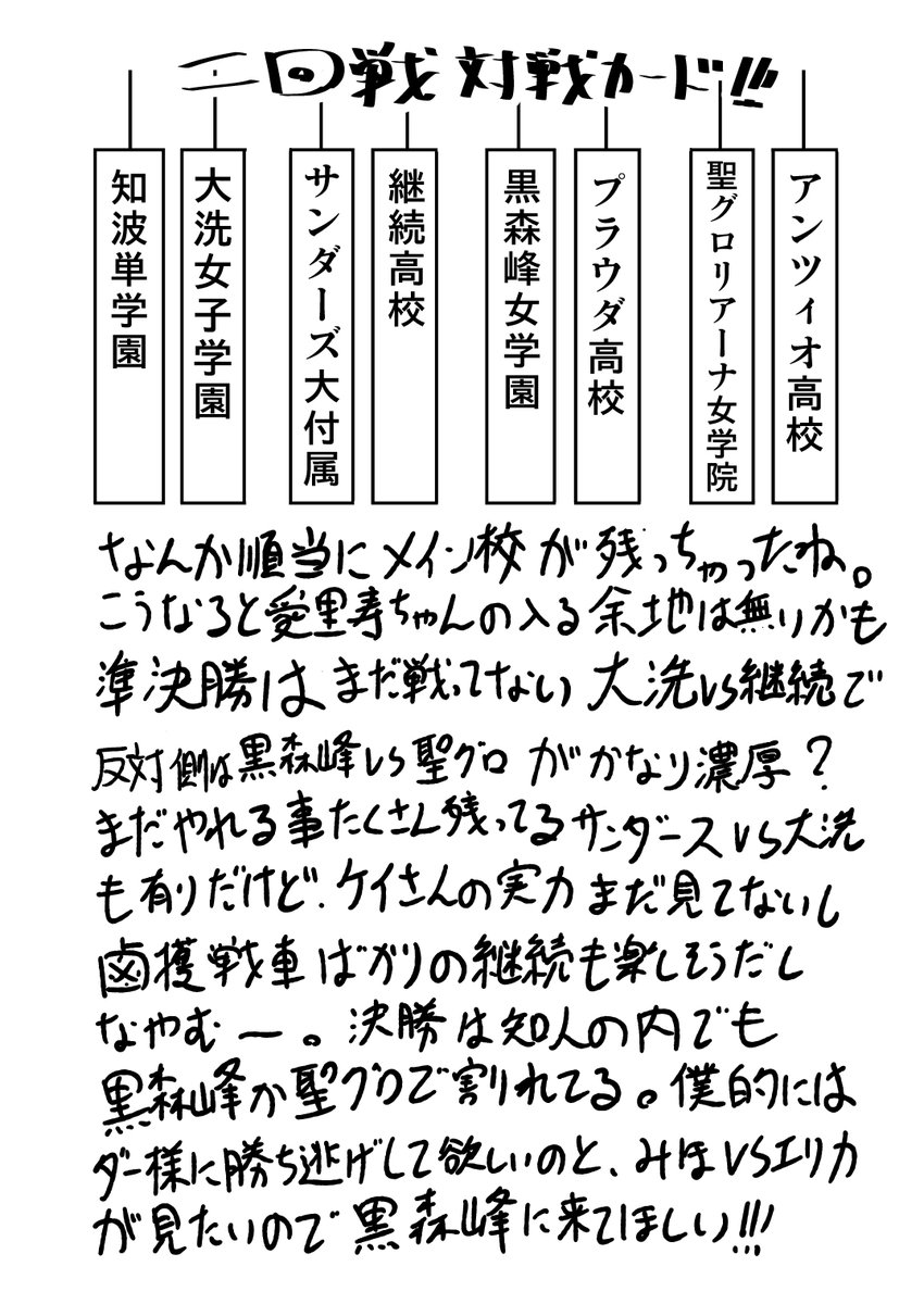 ネタバレ感想後編!
今後の予想は今はまた違う感じに。
今は大洗は途中敗退(知波単戦かその次あたり)でも良いかなって気分。桃ちゃんが勉強頑張れば済む話だし。
第四話から無限軌道杯とは別の戦いになるのではと……。
無限軌道杯の優勝は黒森峰かな(王者復活で元サヤ) 