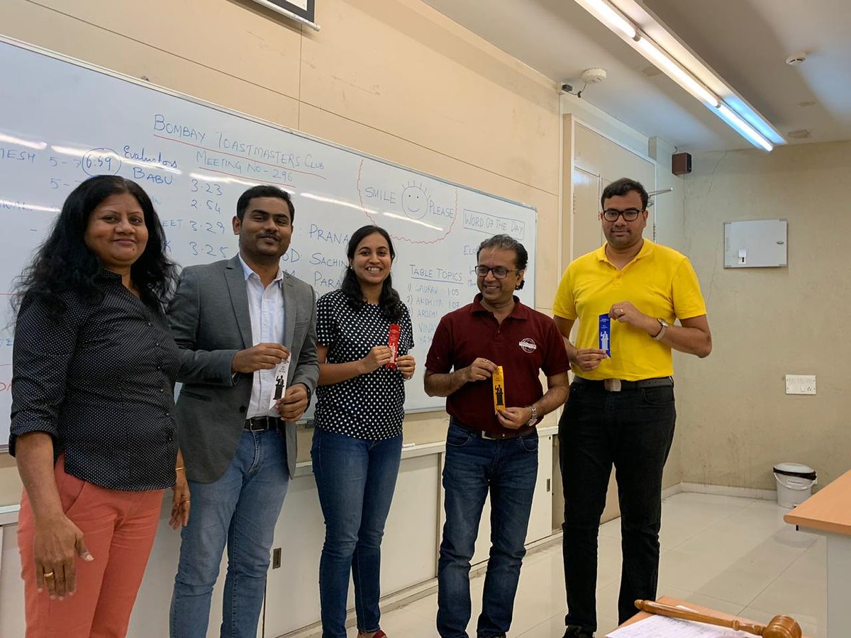 BombayToast's tweet photo. Winners of meeting #296 - Smile please
(From right to left)
Best Evaluator-Patrick Pereira
Best Prepared speaker-Anand Kumar
Best Table topics Speaker-Akshata VM
Best of Big Three - Sachin Sundar (as TMoD)
Congratulations to all!!! https://t.co/a9IDyrt2sc