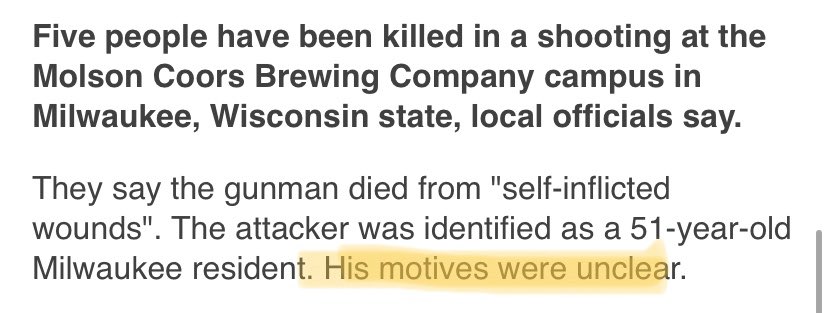 Missposition_'s tweet photo. Excuse me, @BBCNews. Is this man white? If he were not, his motives would have been identified as terror-related or religion related almost immediately. Why is the same not extended? This man murdered 5 people. He is a terrorist. #StandWithMilwaukee https://t.co/3P4OVa6BdV