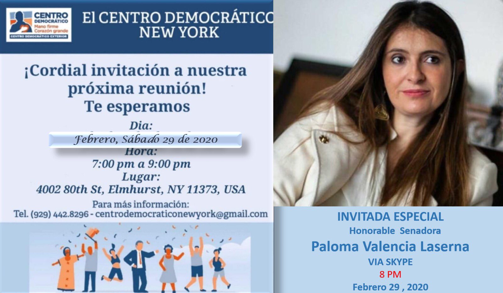 Senadora Paloma Valencia Ø¹Ù„Ù‰ ØªÙˆÙŠØªØ± Invitacion Colombianos En Nueva York El Sabado 29 De Febrero A Las 8pm Estare En La Reunion Del Centro Democratico Por Teleconferencia Los Esperamos