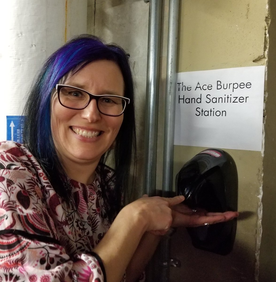RhondaTaylor_'s tweet photo. Hey @AceBurpeeShow I was backstage at the @TheMETWpg as part of the @wpgfdn #FastPitchWpg event tonight & I came across "The Ace Burpee Hand Sanitizer Station". Do tell? I'm guessing there's a story?! 😊 https://t.co/s2tD5ZY4Md