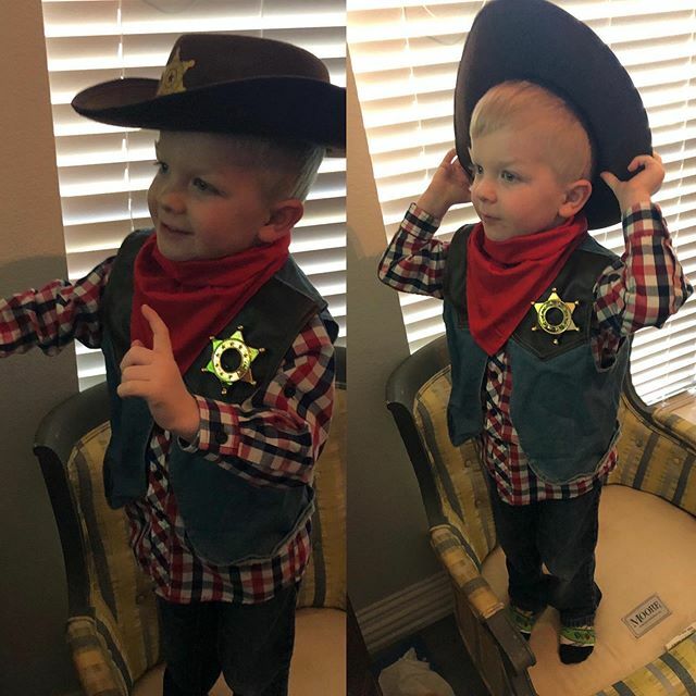 RyanForgey's tweet photo. #garrisonforgeyboy dressed as a #cowboy for school. It is not an accident that he has his #buzzlightyear socks on also. He was watching a replay of the @colts #superbowl victory. #GoWhiteHats 🤣 #eyesofbrightblue https://t.co/a09sOxjrRU