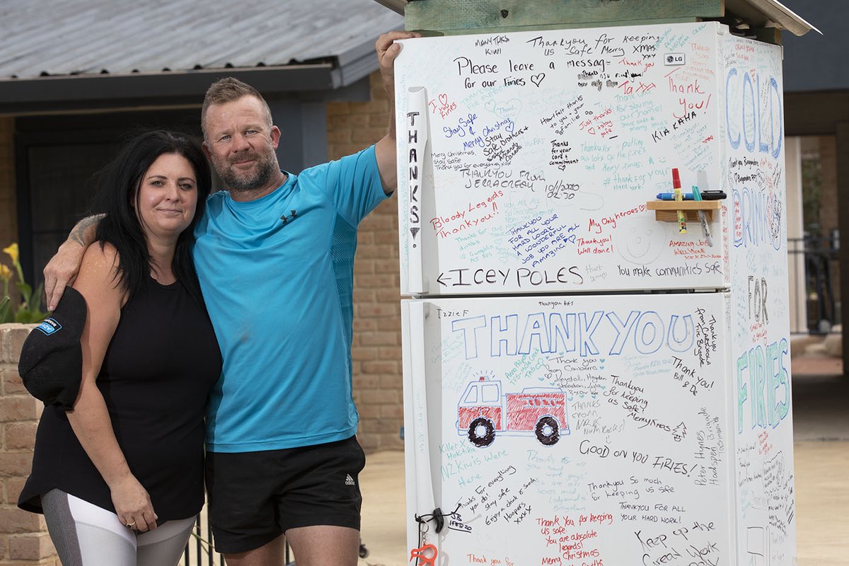 Two Aussies put a fridge filled with cold drinks and snacks outside their home on the Kings Highway this summer - all for firefighters travelling to and from the nearby firegrounds. In the following weeks, people added supplies and wrote messages of support on the fridge.