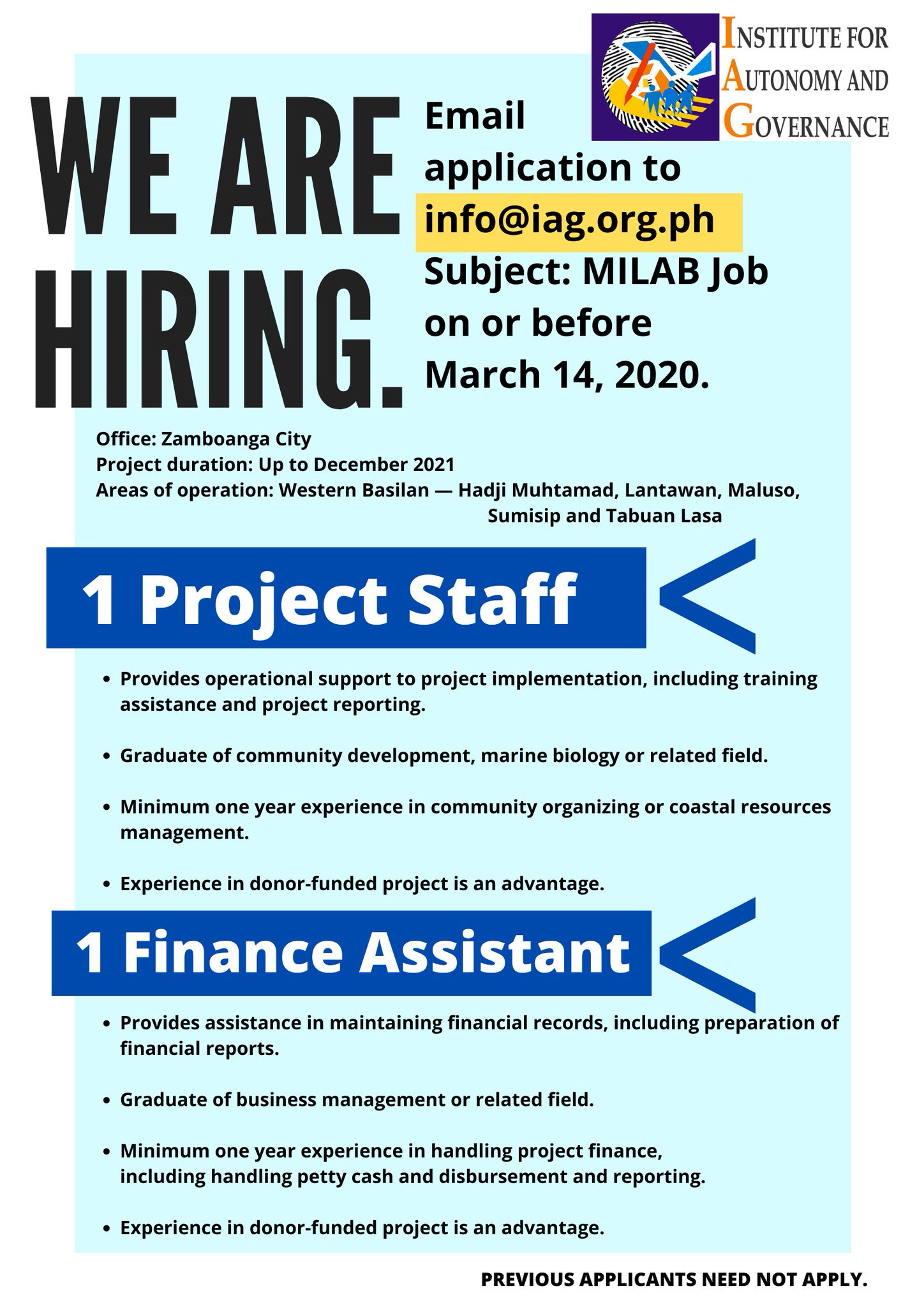 Iag Philippines On Twitter We Have An Active Job Posting At Https T Co Lekr6utn4l To Fill Vacancies In Our Zamboanga City Based Project Mindanaojobs Https T Co Qivkdekigx