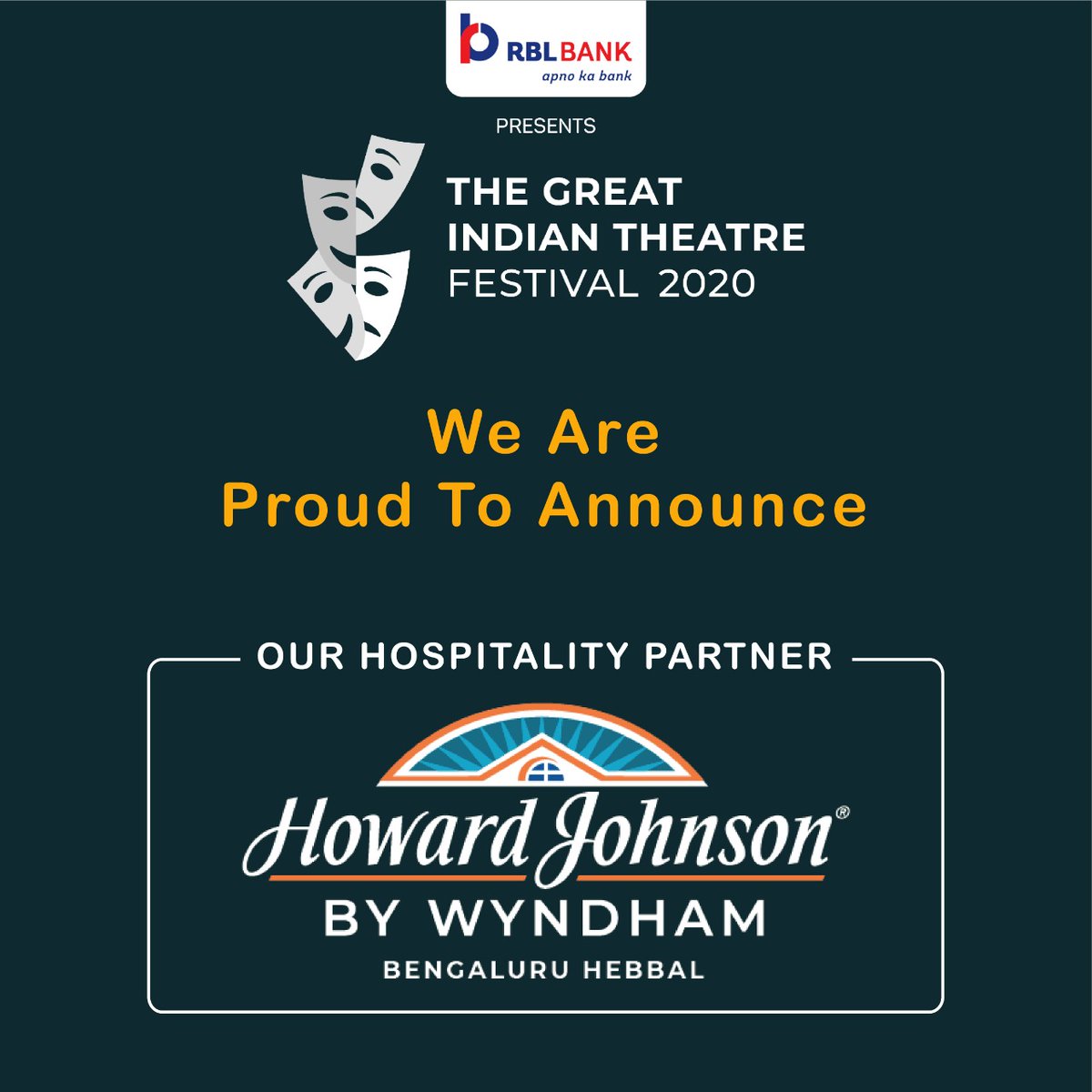 tgitfestival's tweet photo. We welcome, Howard Johnson ( @HojoBangalore ) as our new hospitality partner in Bangalore!
.
Watch fun-loving plays in an auditorium near you!
Book your tickets now > https://t.co/5xQU3dfNt4 on @bookmyshow 
.
#plays #playsonBMS #bms #theatre #drama #bangalore #zeenataman #tgitf https://t.co/DVZfV2JjEZ