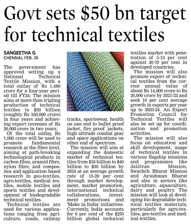 The CABINET Committee on <a href="/EconomicAffairs/">Economic Affairs</a> on Wed approved the establishment of a National Textiles Mission to help India position as a "global leader" in technical textiles. It includes increasing exports of these "futuristic" segments of textiles by over 40% in next 2 yrs.