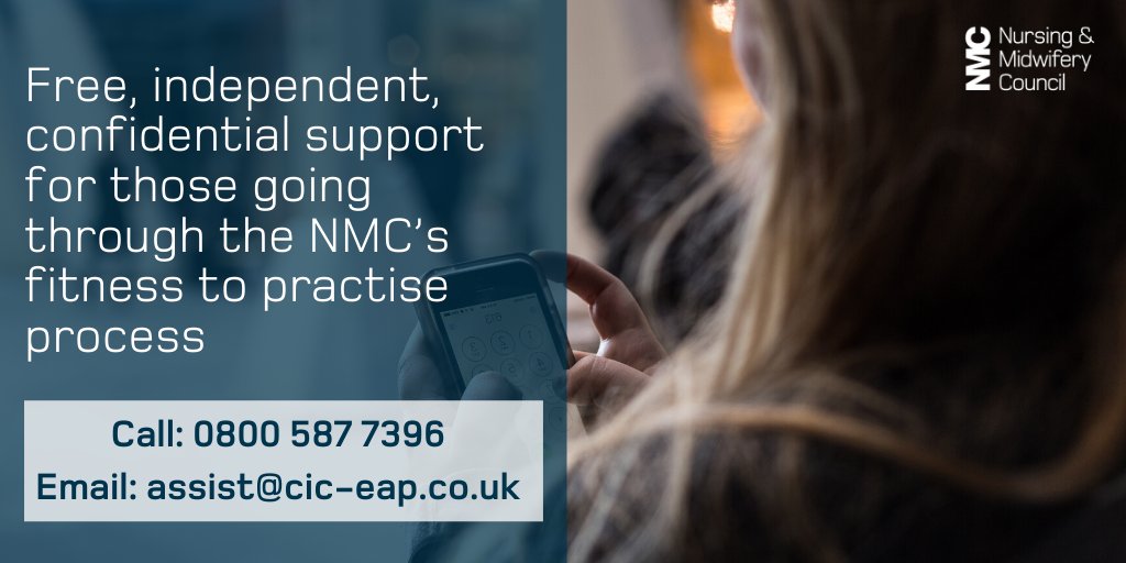 Nursing and Midwifery Council (@nmcnews) on Twitter photo If you’re going through the fitness to practise process you might want to talk to someone about how you're feeling, in complete confidence.
You can contact our free careline 24 hours a day.
Call 0800 587 7396 | Email assist@cic-eap.co.uk | nmc.org.uk/ftpcareline If you’re going through the fitness to practise process you might want to talk to someone about how you're feeling, in complete confidence.
You can contact our free careline 24 hours a day.
Call 0800 587 7396 | Email assist@cic-eap.co.uk | nmc.org.uk/ftpcareline