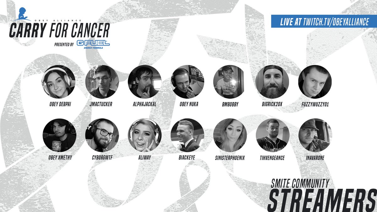 ObeyAlliance's tweet photo. Our 3-day charity stream in partnership with @StJude presented by @GFuelEnergy starts tomorrow at 8AM EST! Here’s a list of our smite community streamers. 

We can’t wait to come together and raise money for a great cause this weekend! 

#CarryForCancer #YouShallObey https://t.co/0H66anGzph