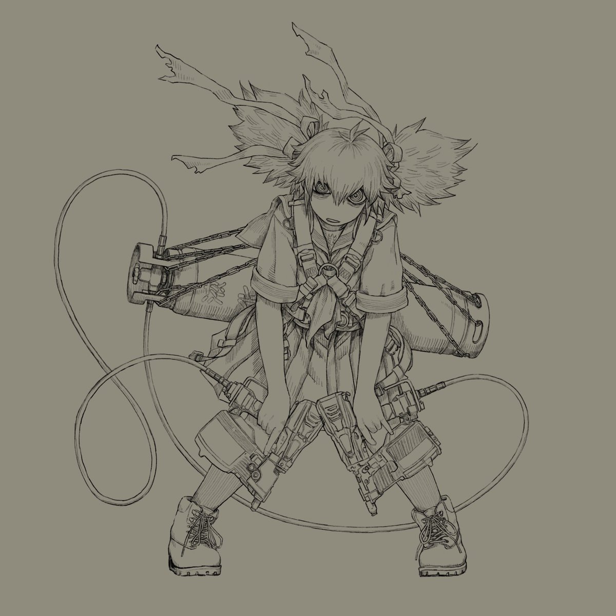 文太 Ar Twitter イラスト メイキング 週末まで絵描く時間が無いからメイキングでも投稿しとこう 下描き ガスボンベはもっと普通に背負子的なので背負うパターンも考えたけどかっこよく無いからボツにした 線画 楽しい ベース塗り 心の底から面倒